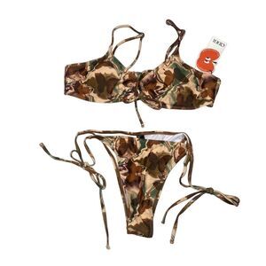 NWT Cider The Camo Two Piece String Tie Swimsuit Removable Cups XL Brown Green